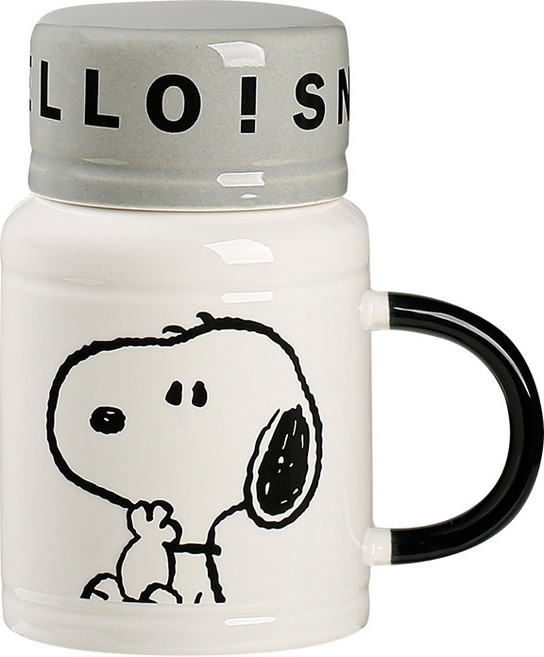 에이엔니우 정품 스누피 대용량 뚜껑 도자기컵, 그레이, 400ml, 1개