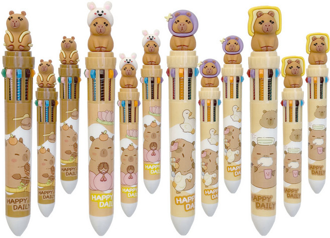 카피바라 10색 볼펜 12개세트 귀여운 캐릭터 멀티펜 필기 노크식 예쁜 디자인 단체 선물, 1세트