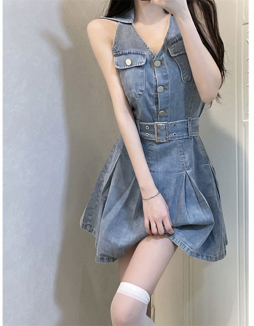 法式連身裙 短袖洋裝 V領長洋裝 掛脖牛仔洋裝 夏季收腰 A字百褶 藍色, 藍色 高品質,M（建議95-105斤）