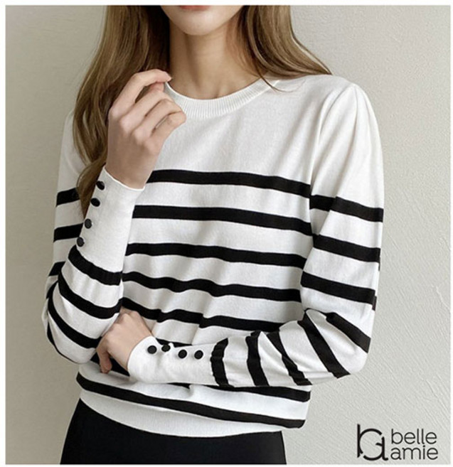 봄봄 스트라이프 긴팔티/퍼프소매/아이보리/핑크/소라/블랙