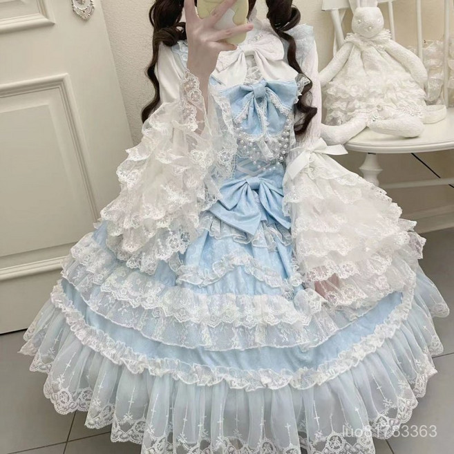 Yellwell핑크 레이스 프릴 드레스 여성용 로리타 스타일 코스프레 의상LST