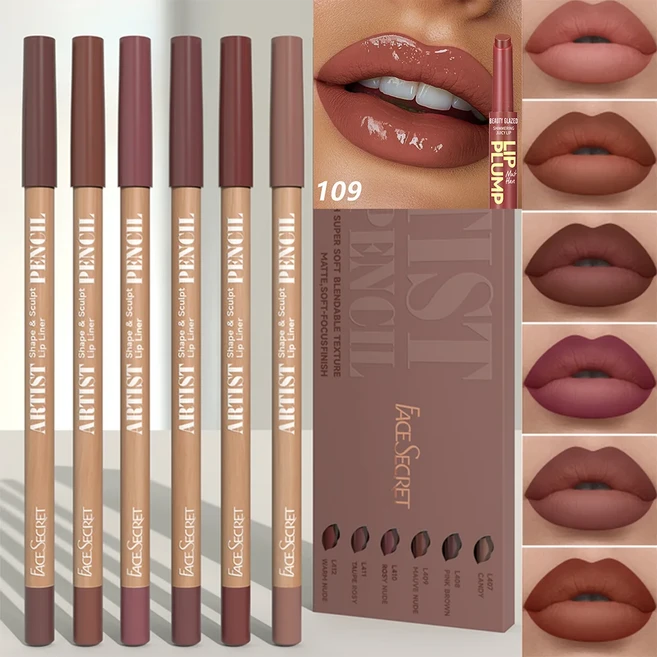 7Pcs 다크 브라운 립 라이너 컬러 오일 글로스 세트 모이스춰 솔리드 젤리 립스틱 매트 벨벳, 02 NUDE PINK 109