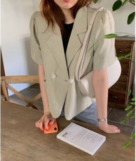 썸머바이브 여성 면마 퍼프 소매 반팔 더블 숏 자켓 크롭 자켓
