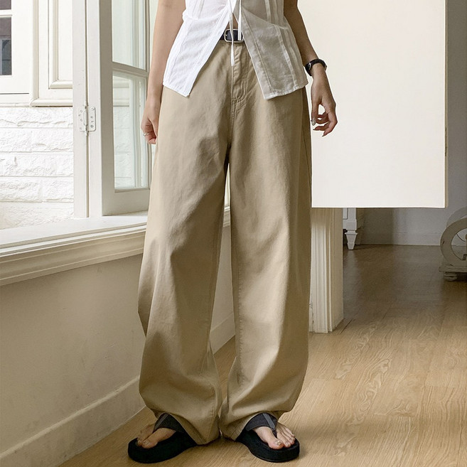 토마토팩토리 여성용 벌룬핏 롱 와이드 코튼 팬츠 허얇골넓 포켓포인트 탄탄한 난스판 리아스 (3color)