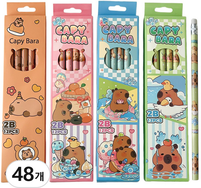[KC인증] 카피바라 2B 어린이 캐릭터 지우개 연필 세트 답례품 단체 선물 세트 유치원 어린이집 초등 학원 학용품 문구 구디백, 48개, 색상혼합