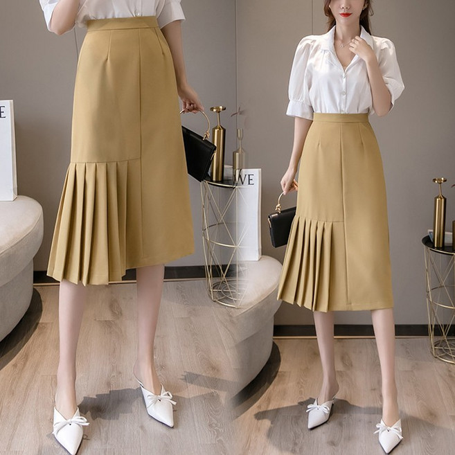 유니크 한쪽 사이드 프릴 언발란스 3컬러 S-XL 21jl0182 오피스룩 하이웨스트 미디스커트