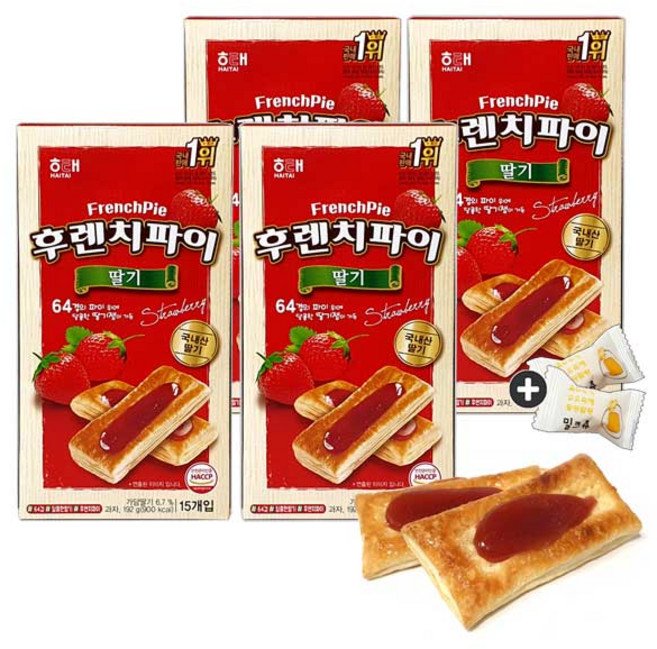 해태 후렌치파이 딸기(15입) x 4통+밀크츄 2개 세트 번들 8호, 760g, 1세트