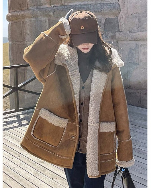 JUSTFEELING 여성 빅사이즈 M-3XL 캐주얼 뽀글이안감 후드 무스탕코트 루즈핏 빅포켓 도톰한 겨울코트