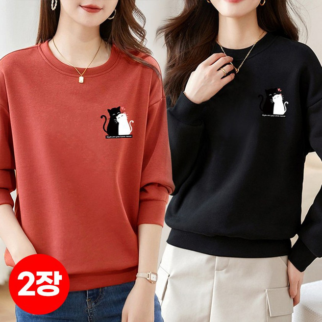 1+1(2종세트) 스타일아유 가을 겨울 여자 루즈핏 따뜻한 고양이 기모 라운드넥 맨투맨 TS2248