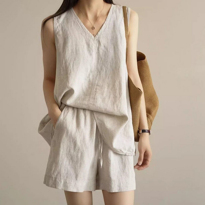 모몰라티 여성 브이넥 단색 민소매 면마 빅사이즈 투피스 패션 캐주얼 세트