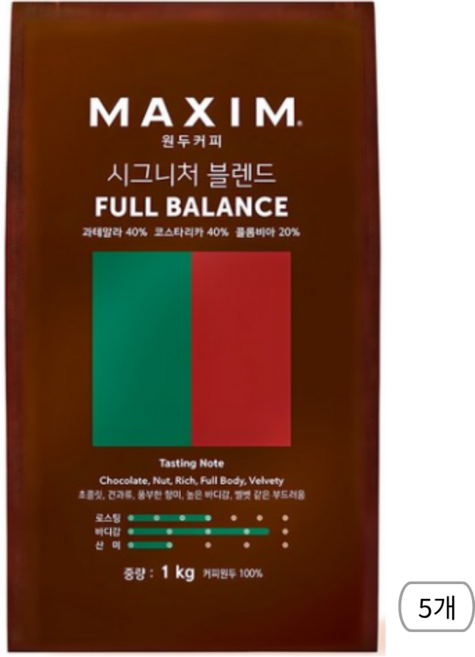 맥심 원두커피 시그니처 블렌드 풀 밸런스, 생두, 1kg, 5개