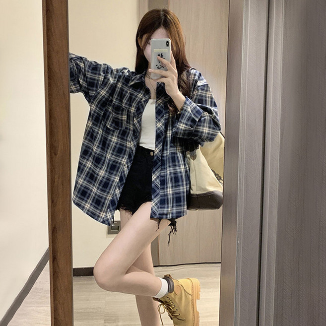 Novastar 여성 체크 남방 루즈핏 긴팔 레트로 체크 셔츠 자켓