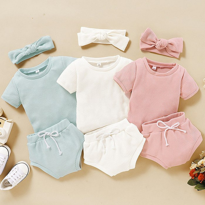 골지파스텔 유아복 유아옷 헤어밴드 아이잠옷 헤어리본 반팔3종세트 출산선물