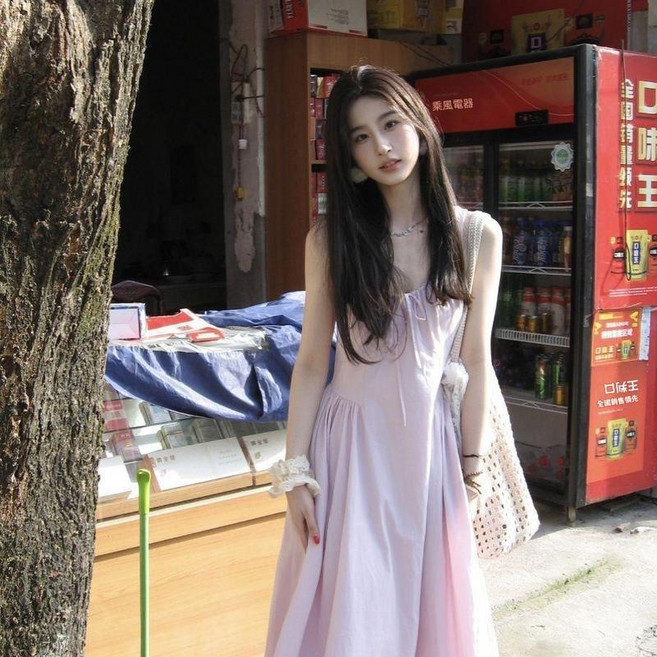 法式氣質吊帶連衣裙女寬鬆長裙子, 紫色