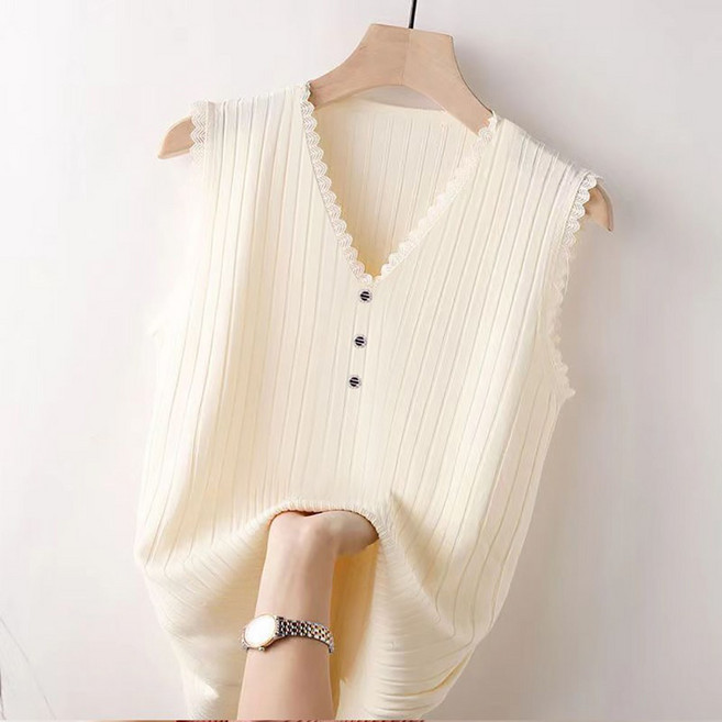 MOSAIRATION 여성 민소매 V넥 티셔츠 레이스 트림 스트라이 니트티 베이직 티셔츠 E0022623