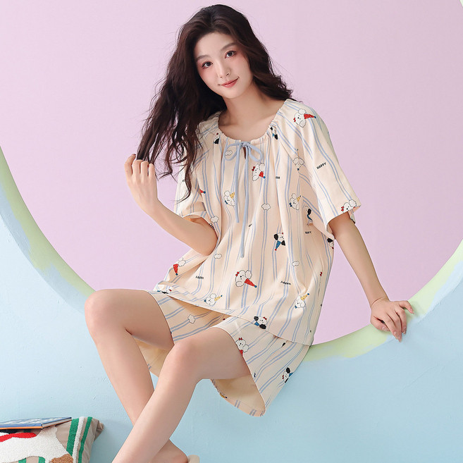 純棉 夏季新款女睡衣 短袖圓領女款短褲家居服兩件套裝