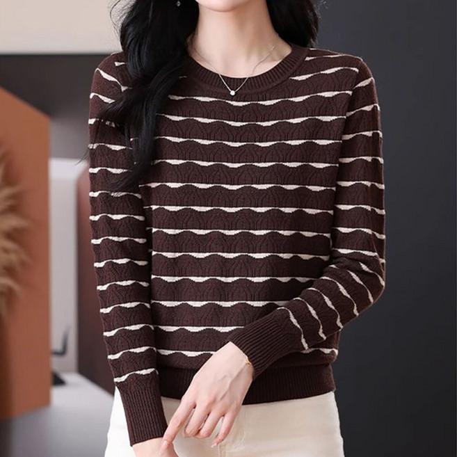 "VVRR 여성 청년 가을 겨울 니트 스웨터 라운드넥 스트라이프 슬림핏 스타일 A0121608 "