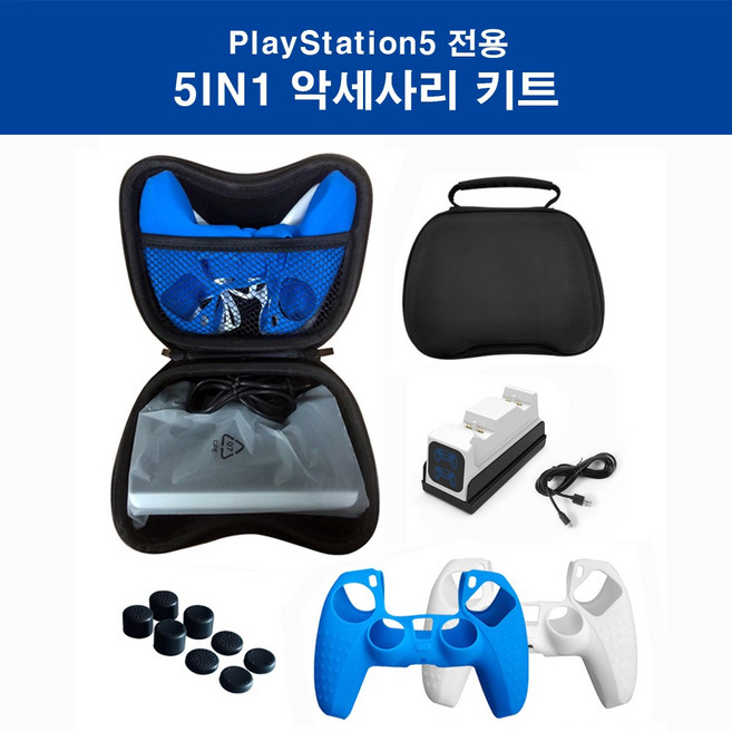 PS5 컨트롤러 듀얼센스 5종 악세사리 세트 수납 가방 실리콘 케이스 스틱 커버 충전기 케이블 플스5, PS5 컨트롤러 악세사리 키트