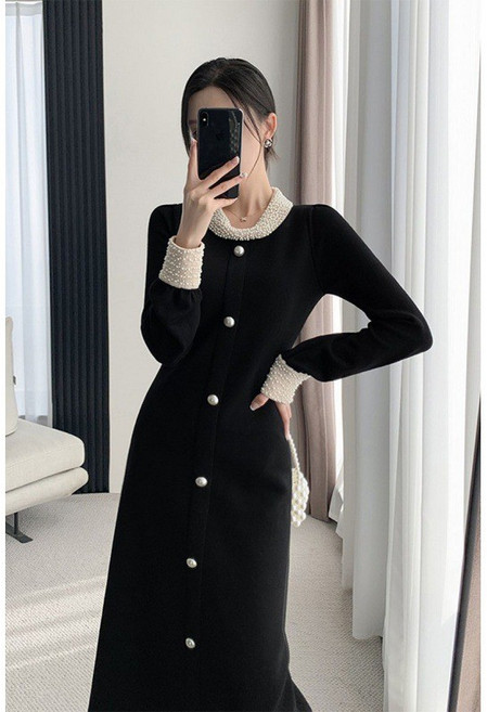 長款針織毛衣裙 法式赫本風氣質連衣裙, 黑色,XL