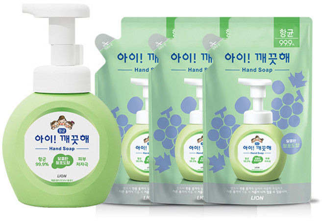 [LION] [CJ ]아이깨끗해 거품형 250ml용기+200mlx3개 (레몬/청포도/순), 1개