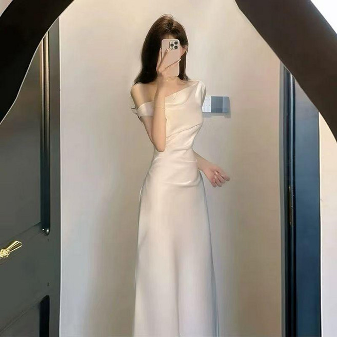 法式氣質蕩領斜肩醋酸緞面宴會禮服裙, 乳白色,XL(115-130斤)