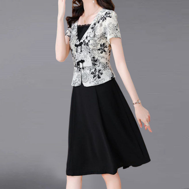 ORZQU 여름 여중장년 엄마 허리 조임 날씬해 보이는 프린트 레이스 가짜 투피스 미디