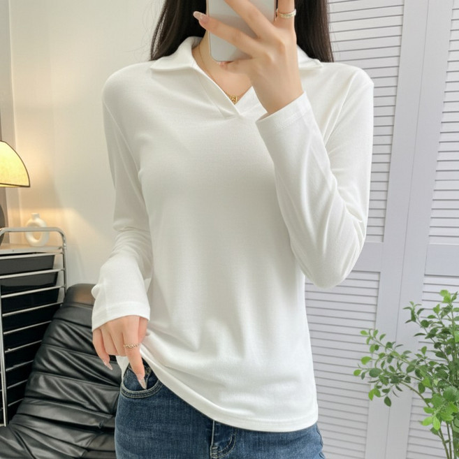 에쉬울프 여성용 V넥 기본 카라 긴팔 티셔츠