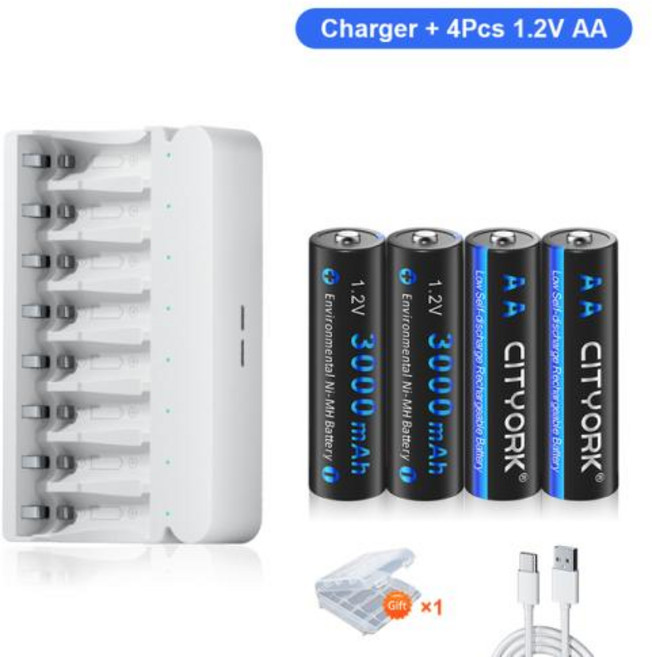 CITYORK AA NIMH 충전식 배터리 낮은 자체 방전 배터리 8 슬롯 LED USB AA AAA NI-MH 배터리 충전기 1.2V 2A HR6 셀, 5) 4AA 1 Charger, 1개