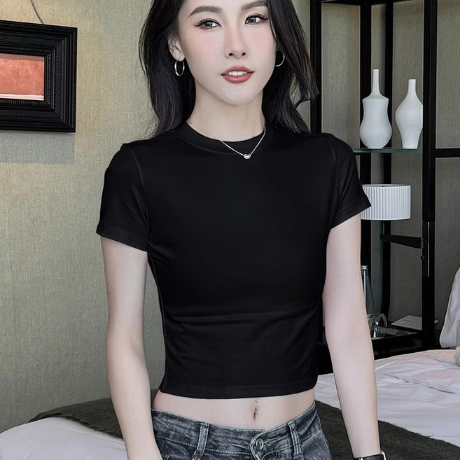 COMOTHY 短袖T恤 圓領透氣顯瘦露臍彈力上衣