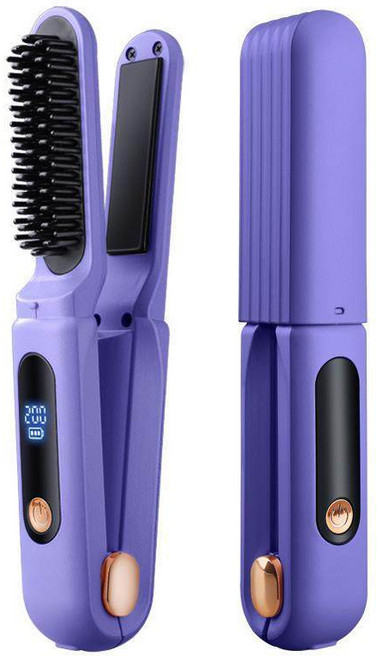 無線直髮梳夾板二合一 負離子充電迷你便攜式捲髮棒 養髮梳 離子梳 [直捲兩用]陶瓷塗層*三檔調整, 1個, 紫色[直捲兩用]陶瓷塗層*三檔調整, 紫色