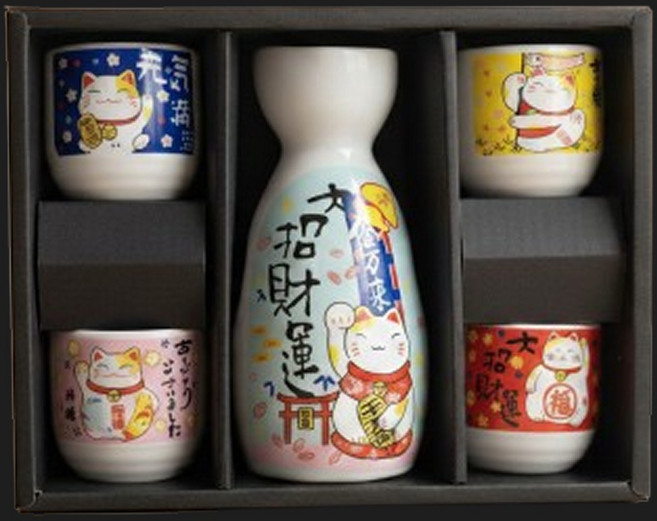 리츠센 행운고양이 도자기 사케잔 세트, 병1개+잔4개, 1세트