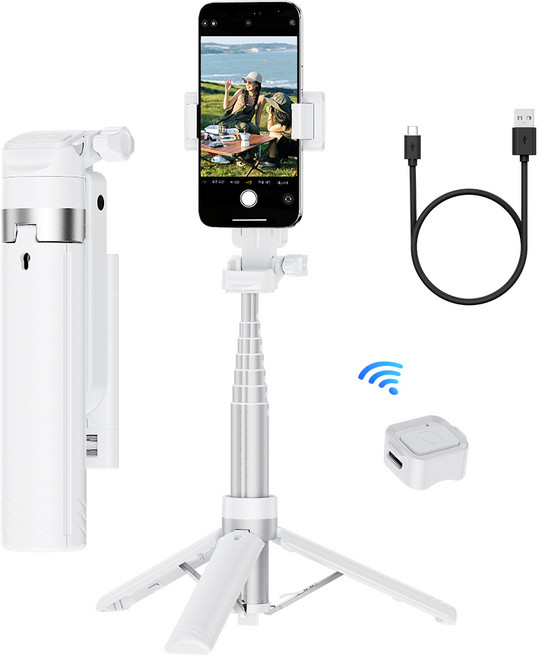 NICESUN 원터치 미니 블루투스 초경량 휴대폰 셀카봉 삼각대 90cm M56, 화이트