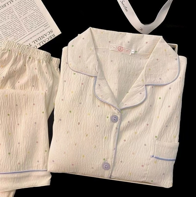 무니유유 여성 가벼운 구름면 카라넥 긴팔 수면 잠옷 상하의 세트