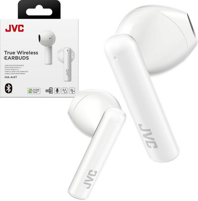 JVC 경량 트루 와이어리스 이어버드 12mm 드라이버 유닛 블루투스 5.1 일회용 IPX4 긴 배터리 수명(최대 30시간) - HAA4TW (화이트), 화이트
