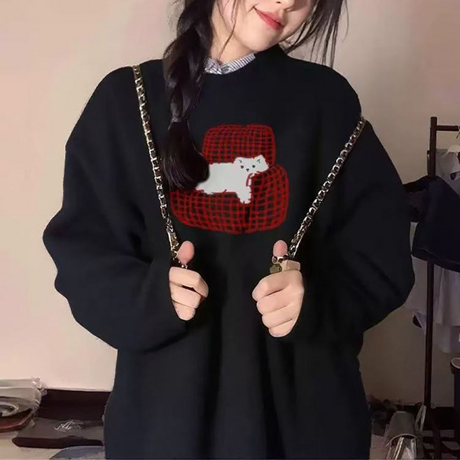 지고다그 여성 겨울 루즈핏 양기모 고양이 프린트 맨투맨 데일리 상의 ZXC44596