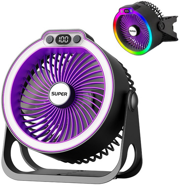 Craftsy LED 무드 조명 탁상용 선풍기 360도 상하회전 BLDC 모터 캠핑 사무실 걸이형 휴대용 무선 저소음 대용량 베터리 선풍기, 진회색, K8