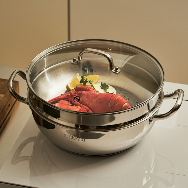 세렌지오 3중 바닥 스텐 바포레 클래시코 스티머 강화유리뚜껑 포함, 1개, 32cm