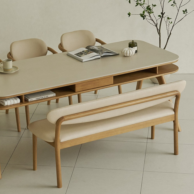 룬드 6인용 저소음 테이블 포세린 세라믹 수납형 식탁세트 1800 벤치형(의자2+벤치1), 12T 단면, 쿠키