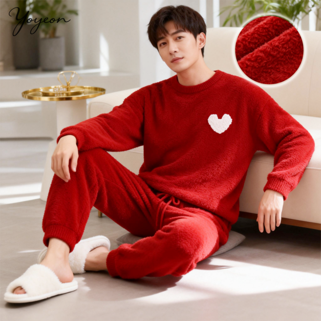 커플용 겨울 하트 포인트 두꺼운 기모잠옷 홈웨어 상하세트