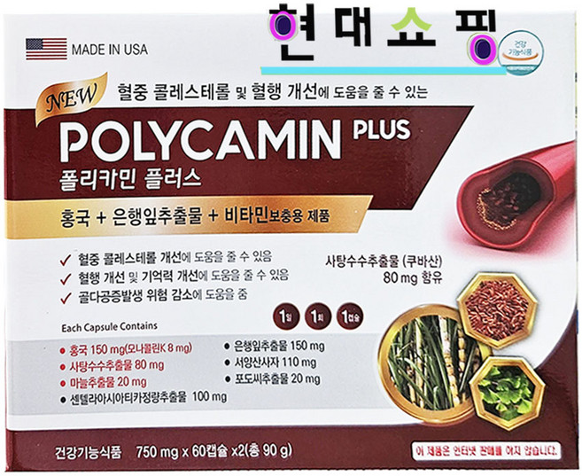 폴리카민플러스 은행잎 홍국 병풀 센시아 강황 산사자 낫토 아연 키토산 알루에베라 사탕수수 마늘 미국산, 1개, 120정