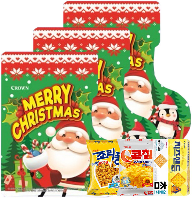 크라운 크리스마스 산타양말 과자 선물세트 (+놀러과자 물티슈 10매 증정), 3세트, 죠리퐁+콘칲+참알프스+치즈샌드