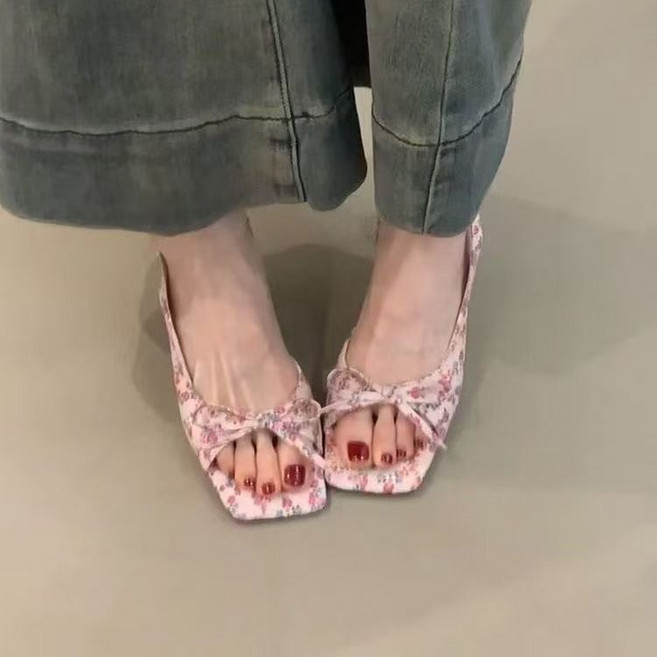 COSYEVNO 여성용 5cm 미들힐 플라워 프린트 스퀘어토 샌들 Tzkgglx-14