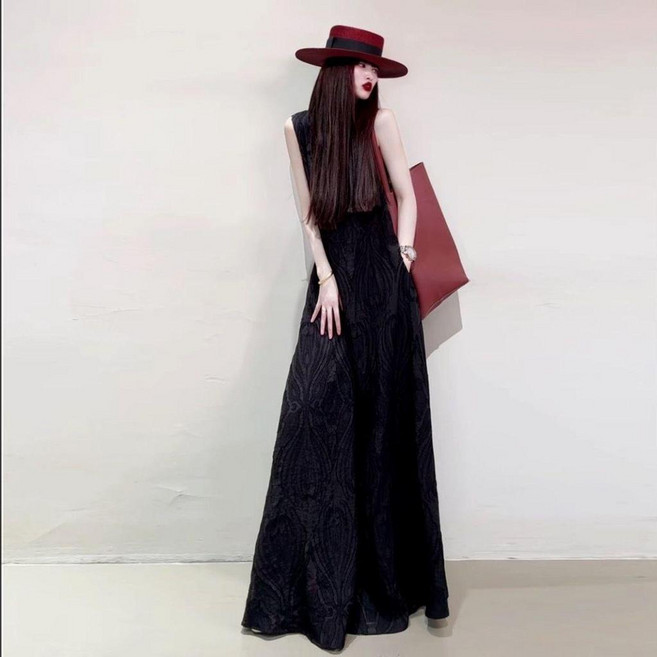 寬鬆時尚大碼連衣裙 無袖度假風顯瘦遮肉連衣裙, 黑色,3XL 77.5-84.5公斤, 黑色