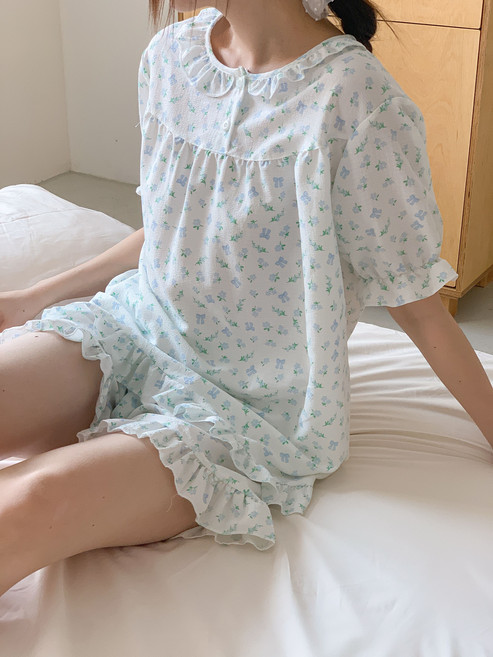 (무배)여성 린넨 아사 파스텔 반팔 여름 잠옷 세트 프릴 파자마 홈웨어