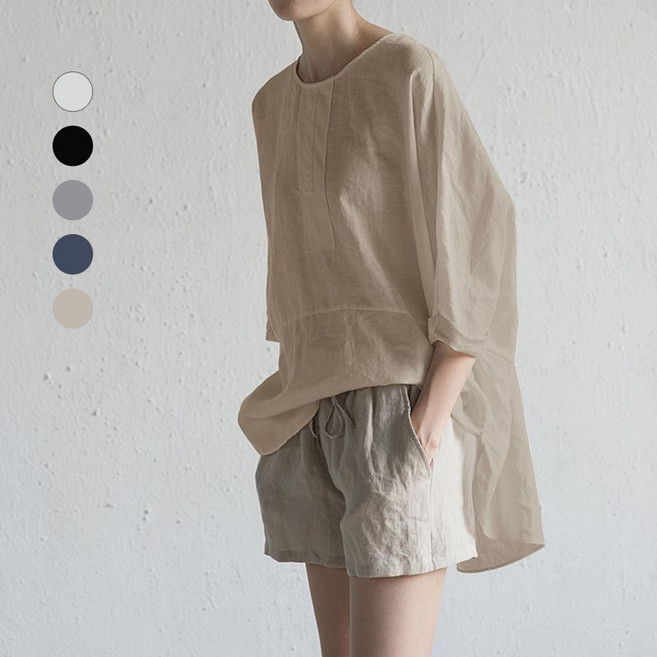 에쥬아 루즈핏 린넨 블라우스 5부티셔츠 남녀공용 풀오버 셔츠