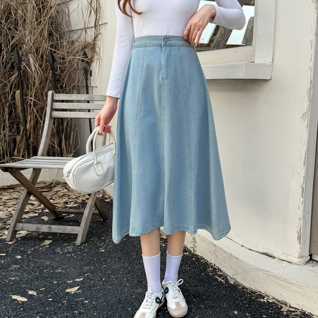화지나무 빅사이즈 A라인 뒷 밴딩 데님 청치마 롱 스커트