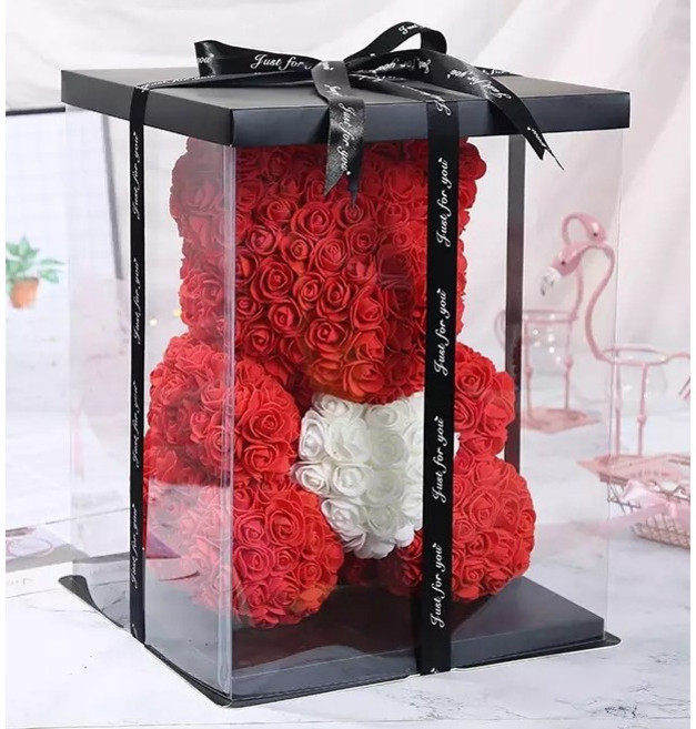 [선물케이스+LED조명 세트] 장미곰 장미 곰돌이 40cm이벤트꽃 러블리 로즈베어 장미꽃인형 프로포즈 발렌타인데이 화이트데이 특별한날 결혼 입학식 졸업식 기념일 크리스마스 선물, 하트베어:레드+화이트[화이트선물케이스+LED조명 세트]