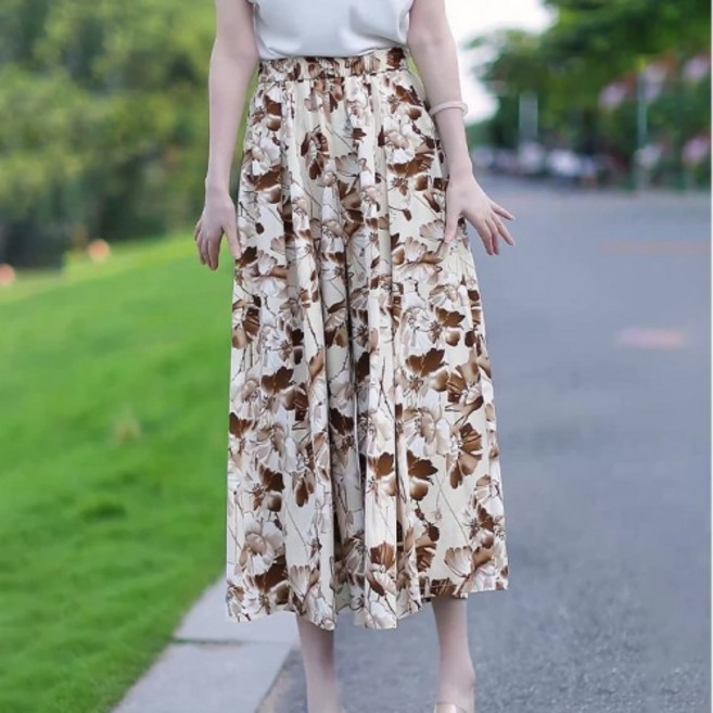 Makone 여성 하이웨스트 냉장고 치마바지 플라워 프린트 스트라이프 캐주얼 와이드 팬츠 8부 밴딩바지 데일리룩