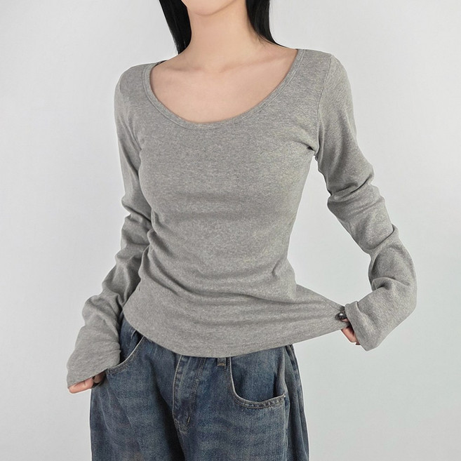센시즌 릴리즈 순면 여성용 슬림 루즈 유넥 레이어드 긴팔티셔츠
