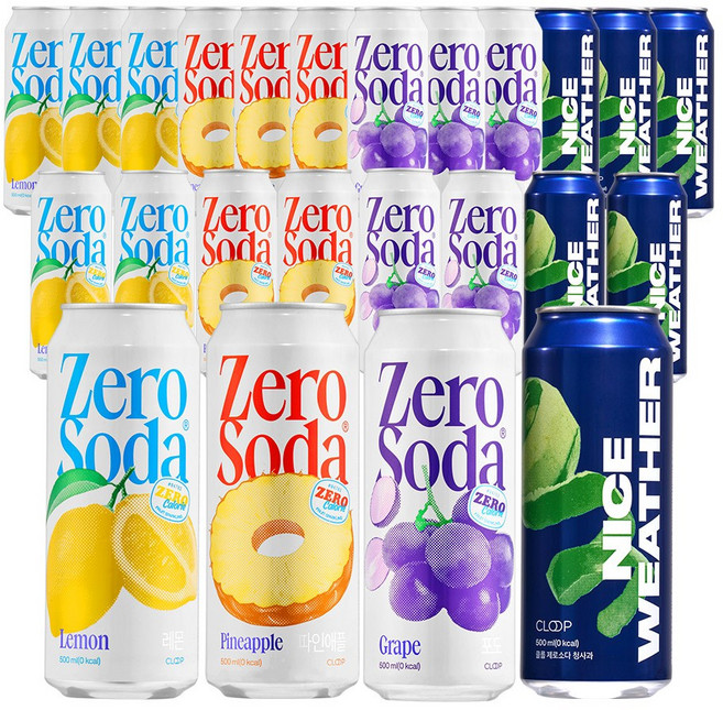 클룹 제로소다 500ml 4종 혼합(포도+파인애플+청사과+레몬), 24개